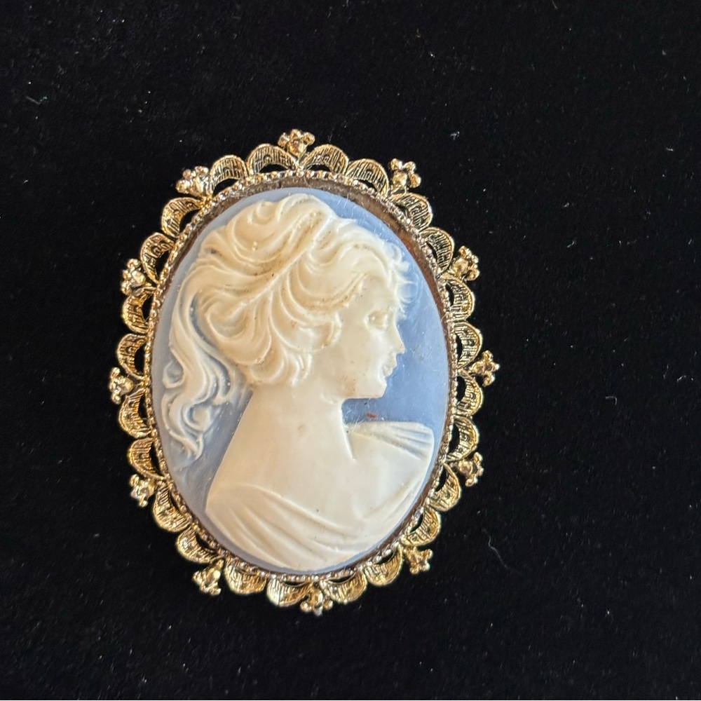 Vintage Gerry’s Cameo Brooch with Gold-Tone Filigree Frame